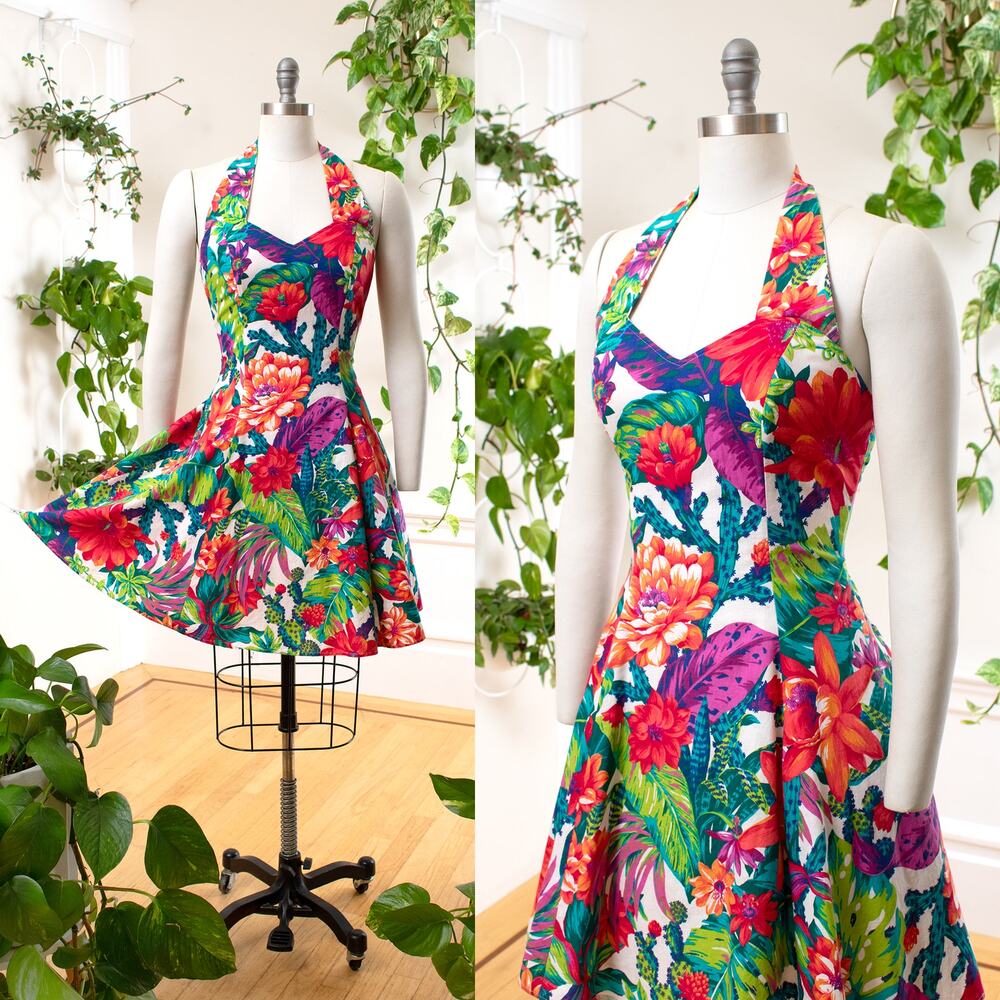 Vintage 1990s Sundress 90s Floral Cactus Print Cotton Halter Mini Skater Dress